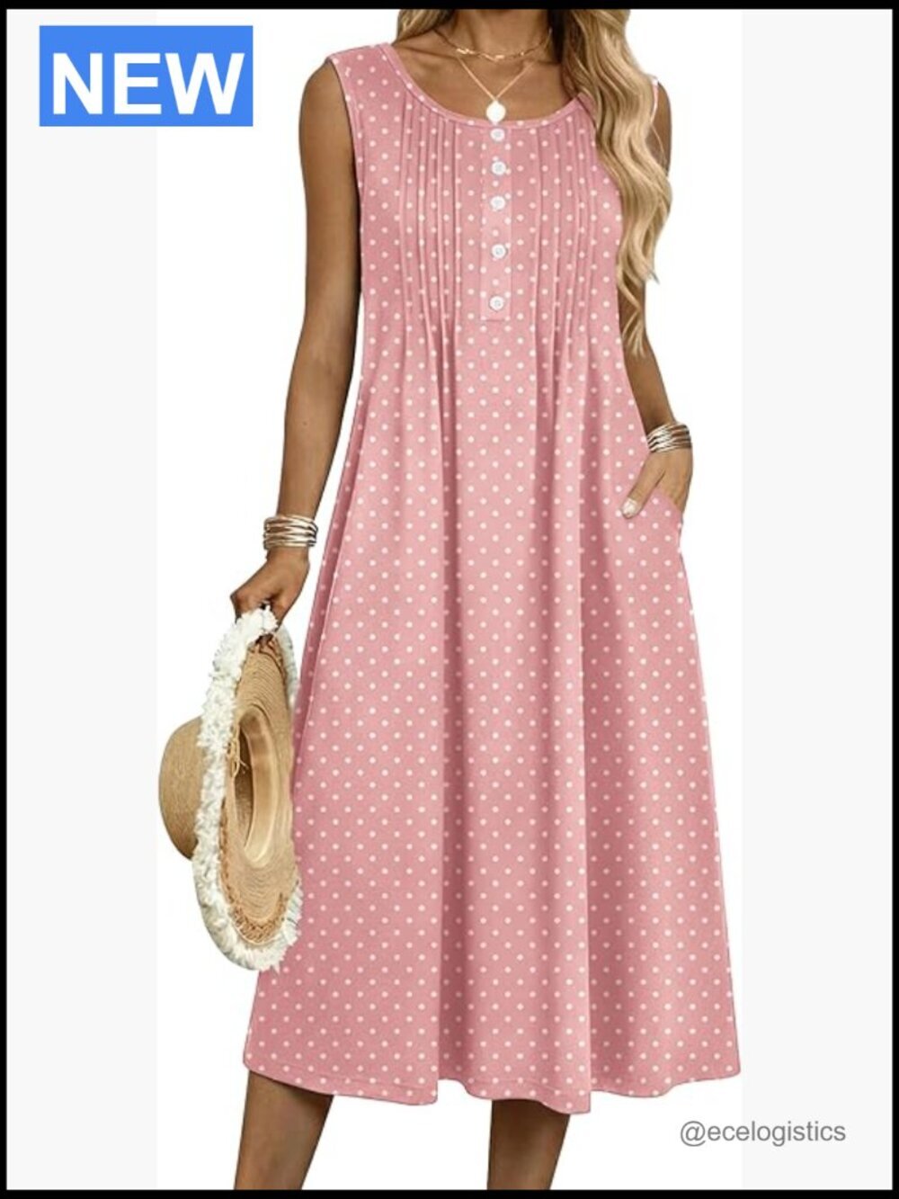 Sleeveless Flowy Midi A-Line Boho Summer Dress with Pockets